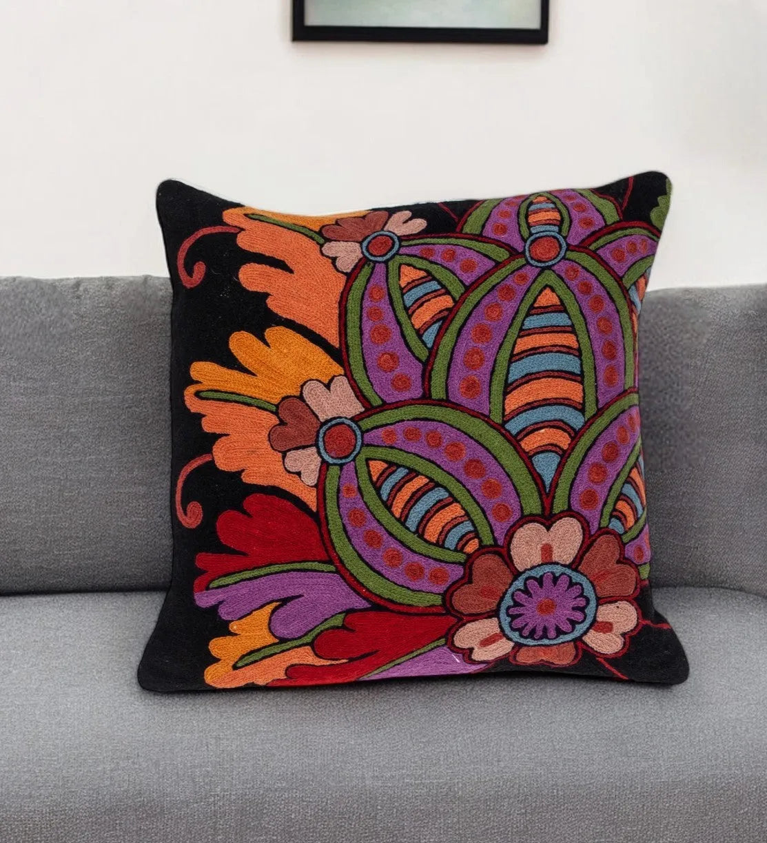 20" Black and Orange Cotton Throw Pillow With Embroidery - Home Fusion