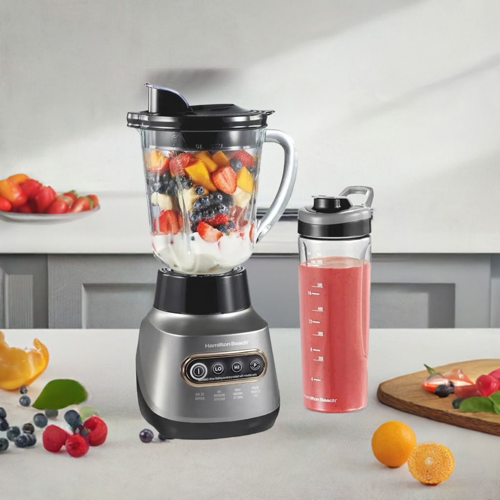 Juicer blender for Shakes and Smoothies, Stainless Steel Ice Sabre Blades, 40oz Glass Jar,20oz Blend-In Portable Travel Jar, Gray