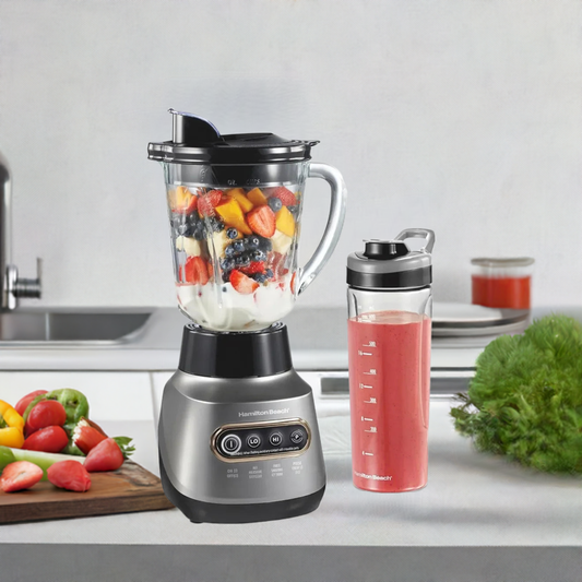 Juicer blender for Shakes and Smoothies, Stainless Steel Ice Sabre Blades, 40oz Glass Jar,20oz Blend-In Portable Travel Jar, Gray