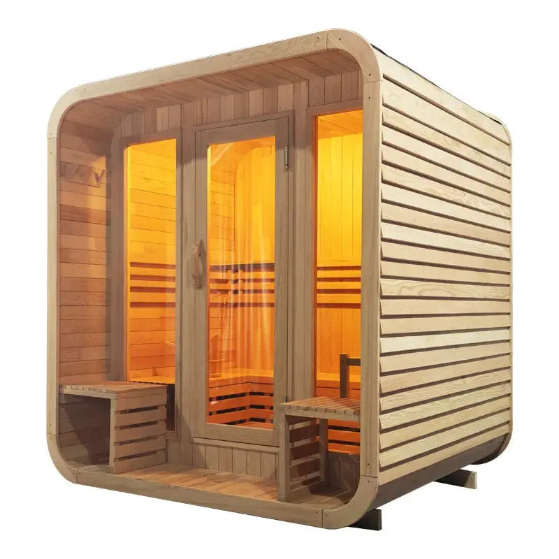 Outdoor Sauna for 6 – Cube Design, Red Cedar or Carbonized Wood Home Fusion