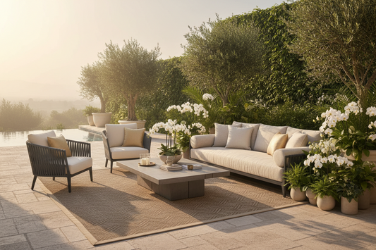 Modern outdoor living space showing luxury patio furniture design