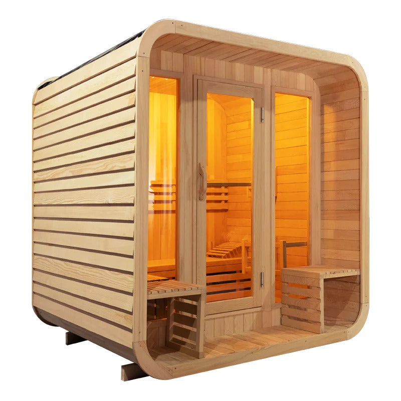 Outdoor Sauna for 6 – Cube Design, Red Cedar or Carbonized Wood.