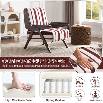 Striped chair with ottoman in a room setting, highlighting comfort features.