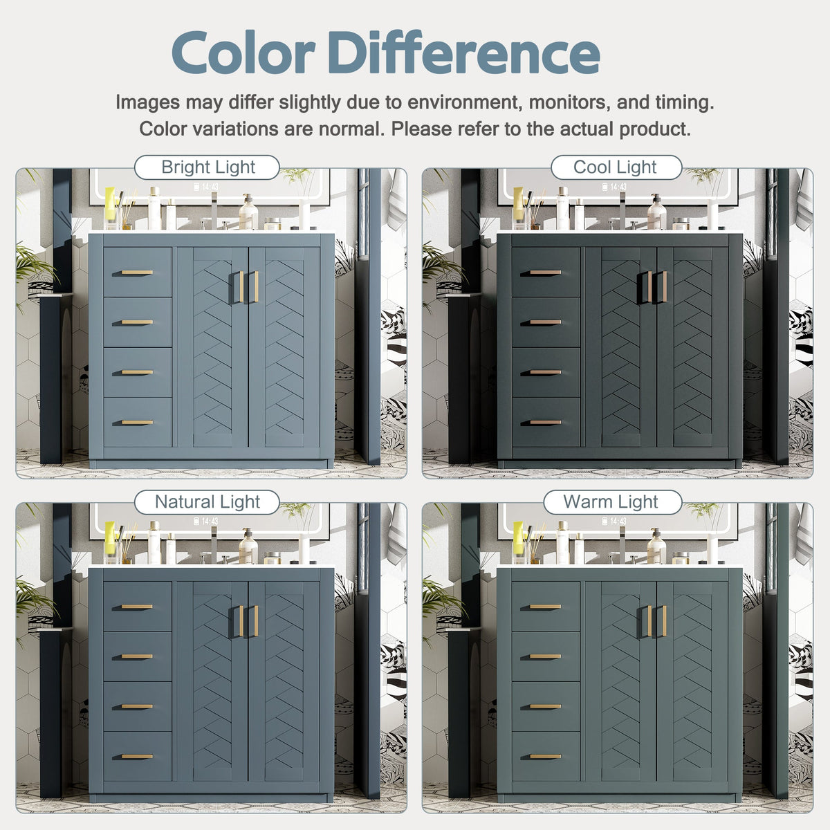 A color comparison graphic showing a bathroom cabinet in four lighting conditions: Bright Light, Cool Light, Natural Light, and Warm Light. The top text reads 'Color Difference' and notes that images may differ slightly due to environment, monitors, and timing.