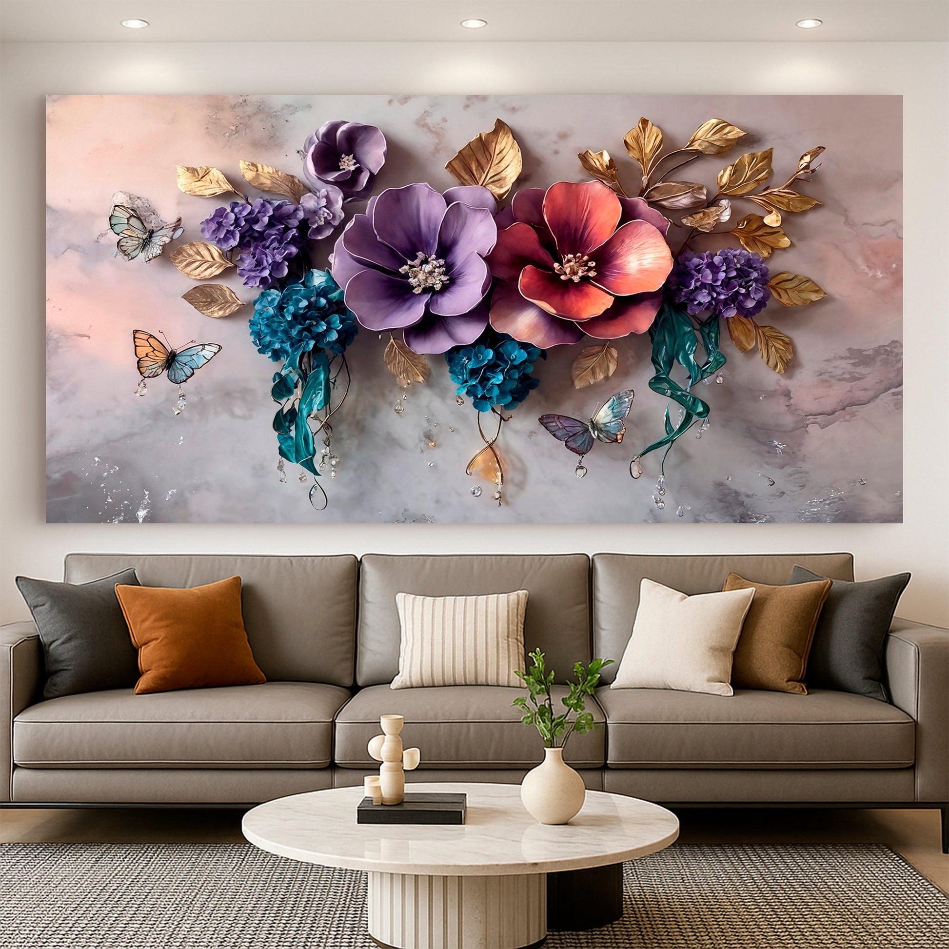 Living room with a large floral and butterfly wall art above a gray sofa.