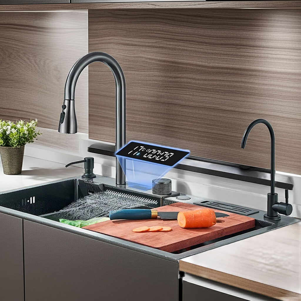 Modern kitchen sink with black faucet, cutting board, and vegetables on a wooden backsplash.
