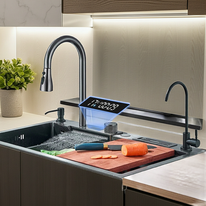 Modern kitchen with black faucet, digital clock, and cutting board with vegetables.