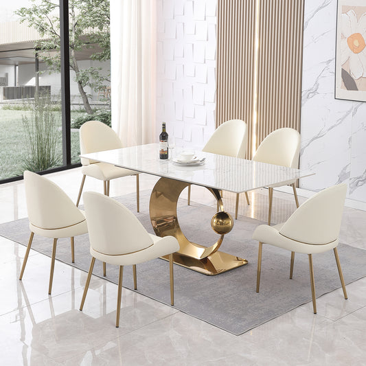 71-Inch Stone DiningTable with Carrara White color and Round special shape stainless steel Gold Pedestal Base