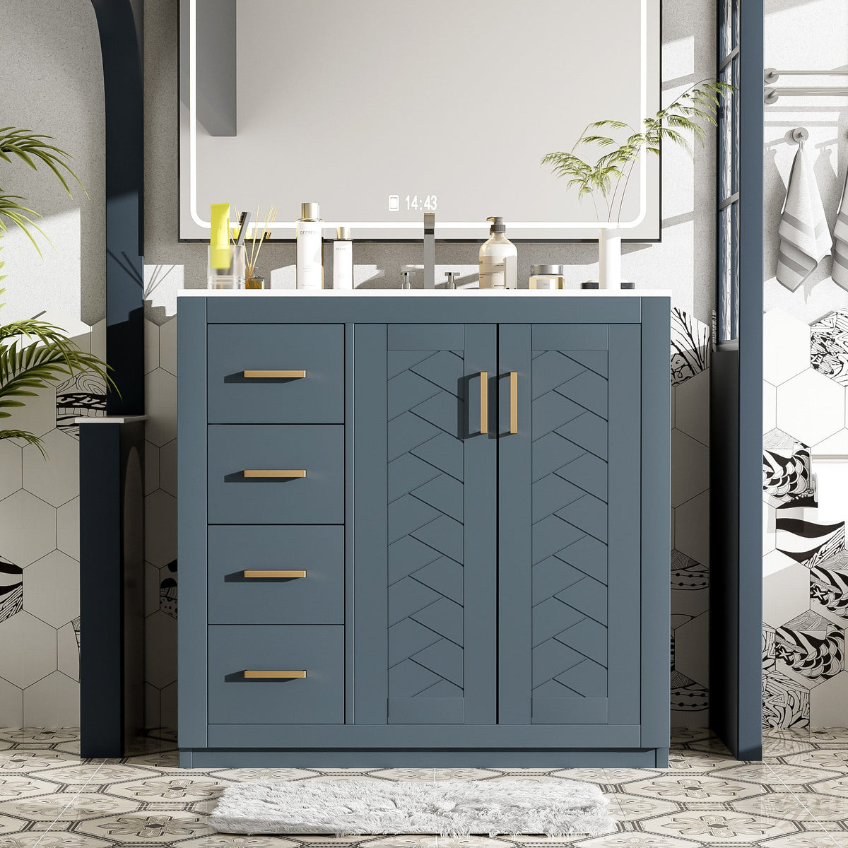Blue bathroom vanity with chevron pattern and gold handles in a modern bathroom setting.