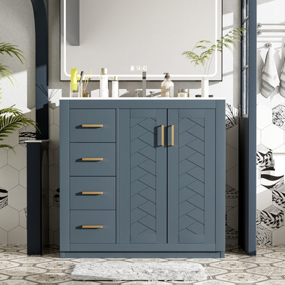 Blue bathroom vanity with chevron pattern and gold handles in a modern bathroom setting.