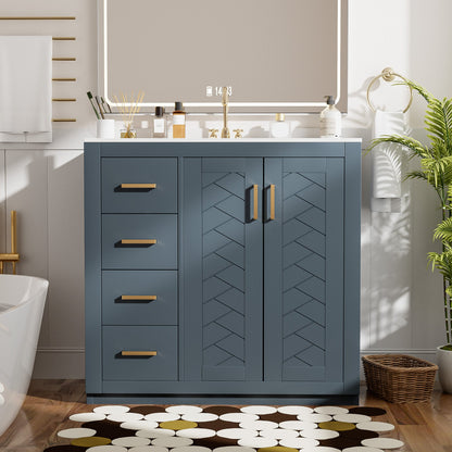 Bathroom with a blue vanity cabinet, white sink, and decorative elements.