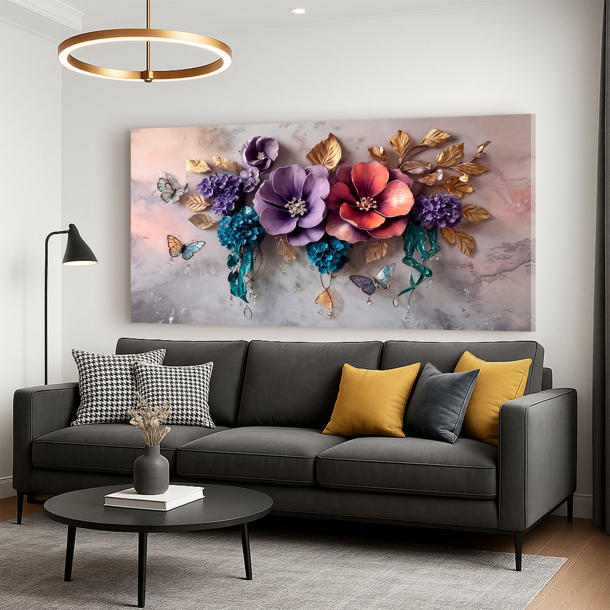 Living room with a gray sofa, colorful floral painting, and decorative pillows.