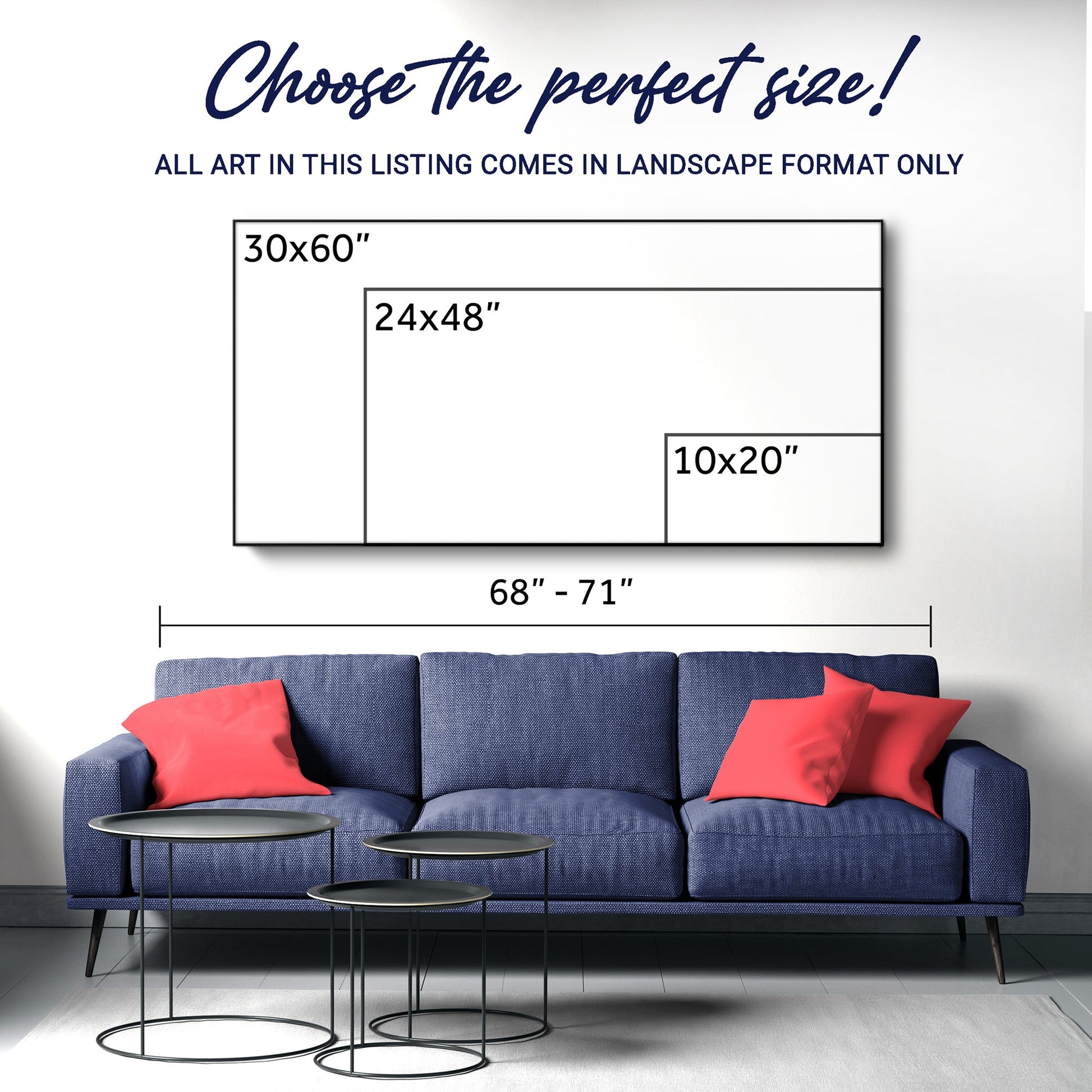 Sofa with red pillows and small tables, with a wall art size chart above it.