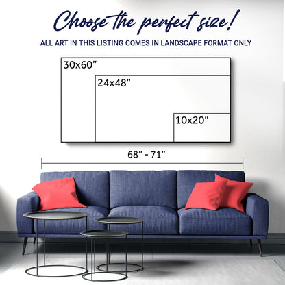 Sofa with red pillows and small tables, with a wall art size chart above it.