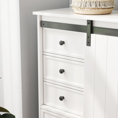  Farmhouse Drawer Chest with Sliding Door, Multi-Storage Drawer Dresser with 5 Drawers and Storage Shelf, Tall Chest of Drawers with Adjustable Shelves for Bedroom, Living room