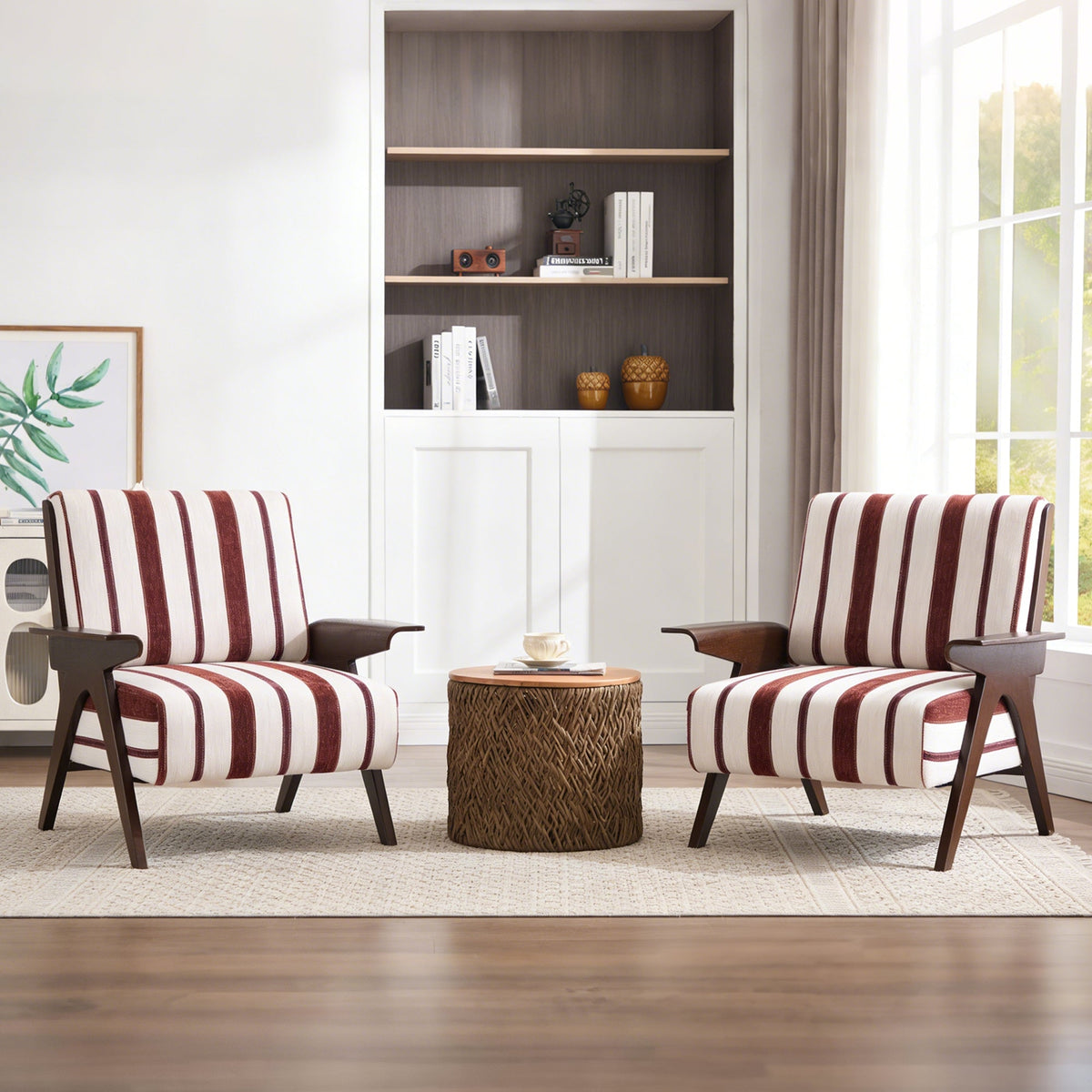 Mid-century modern striped accent chair with burgundy and cream upholstery and wood arms in a stylish living room