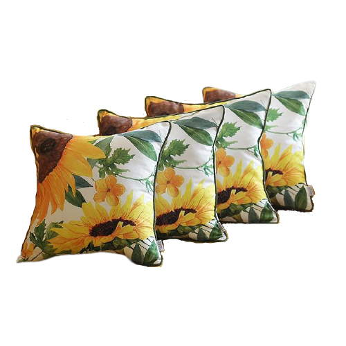 Set of four sunflower-patterned pillows on a white background
