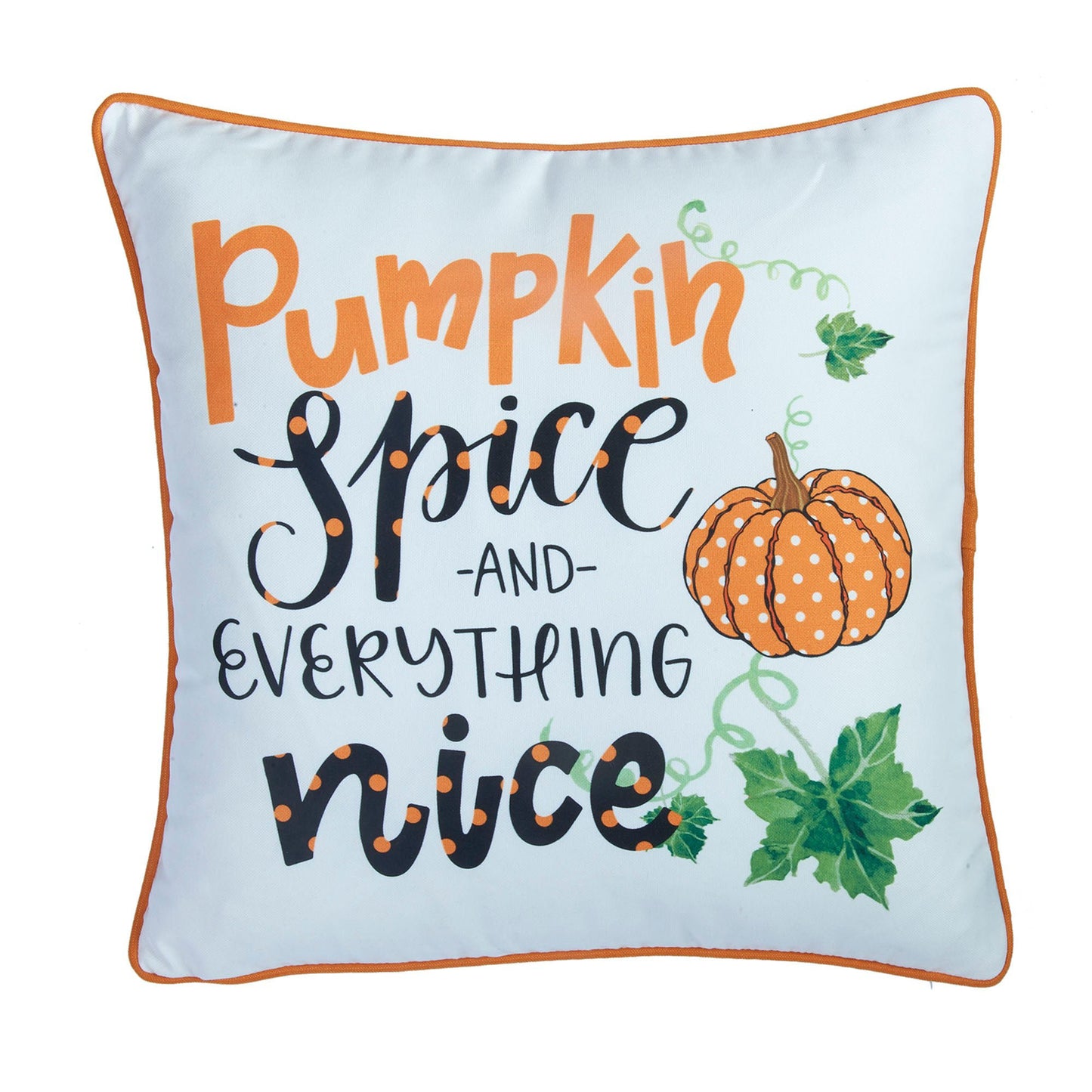Decorative pillow with 'Pumpkin Spice and Everything Nice' text and pumpkin illustration on a light blue background.