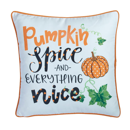 Decorative pillow with 'Pumpkin Spice and Everything Nice' text and pumpkin illustration on a light blue background.