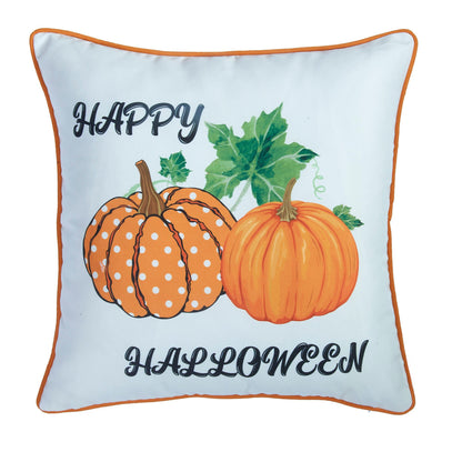 Decorative pillow with pumpkins and 'Happy Halloween' text on a light blue background