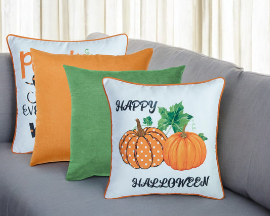 Decorative pillows with Halloween design on a gray couch