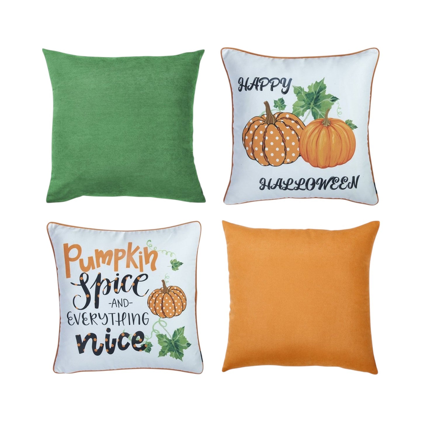 Four decorative pillows with Halloween and fall-themed designs on a white background.