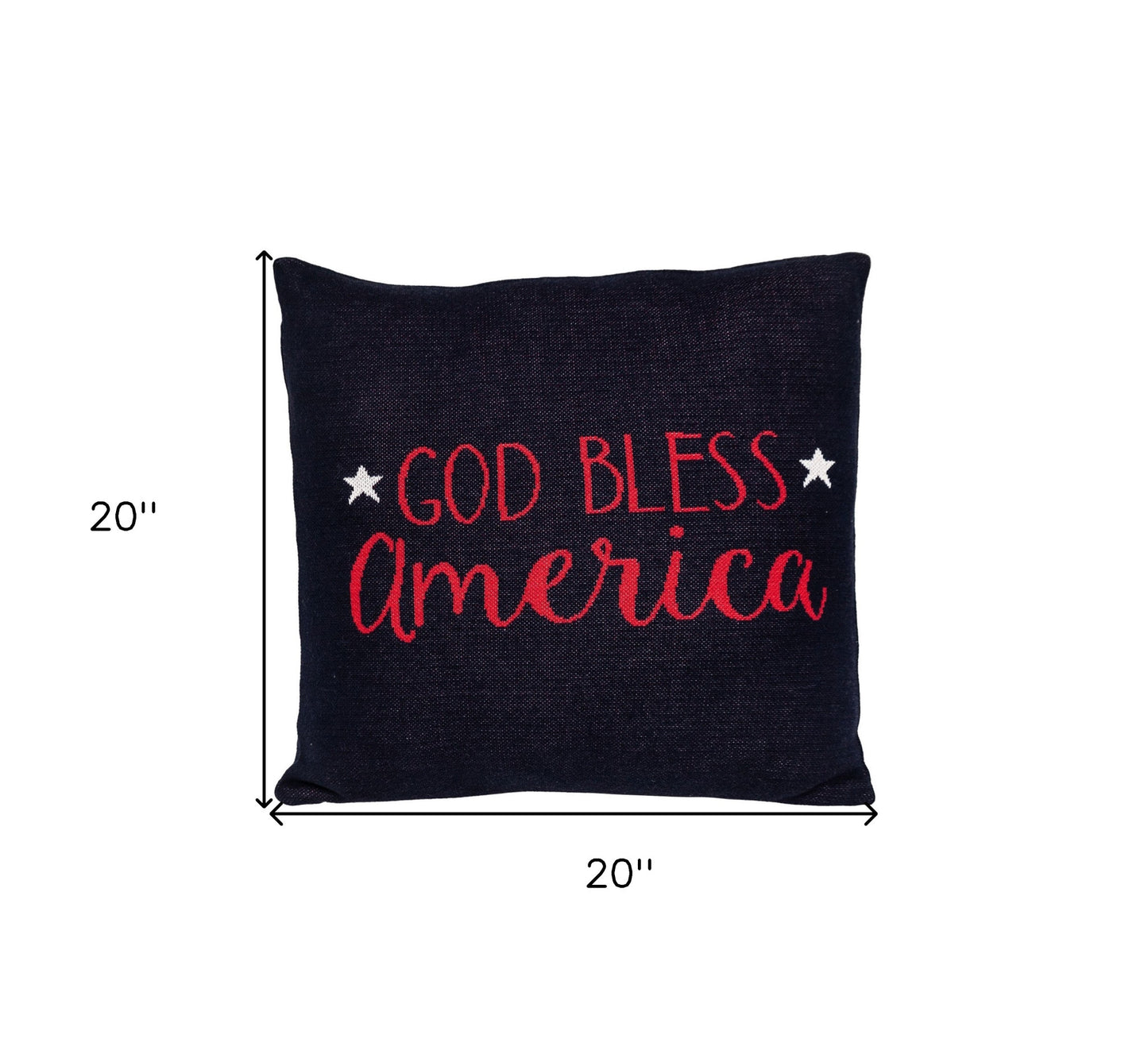 Black pillow with 'God Bless America' text and measurements on a white background