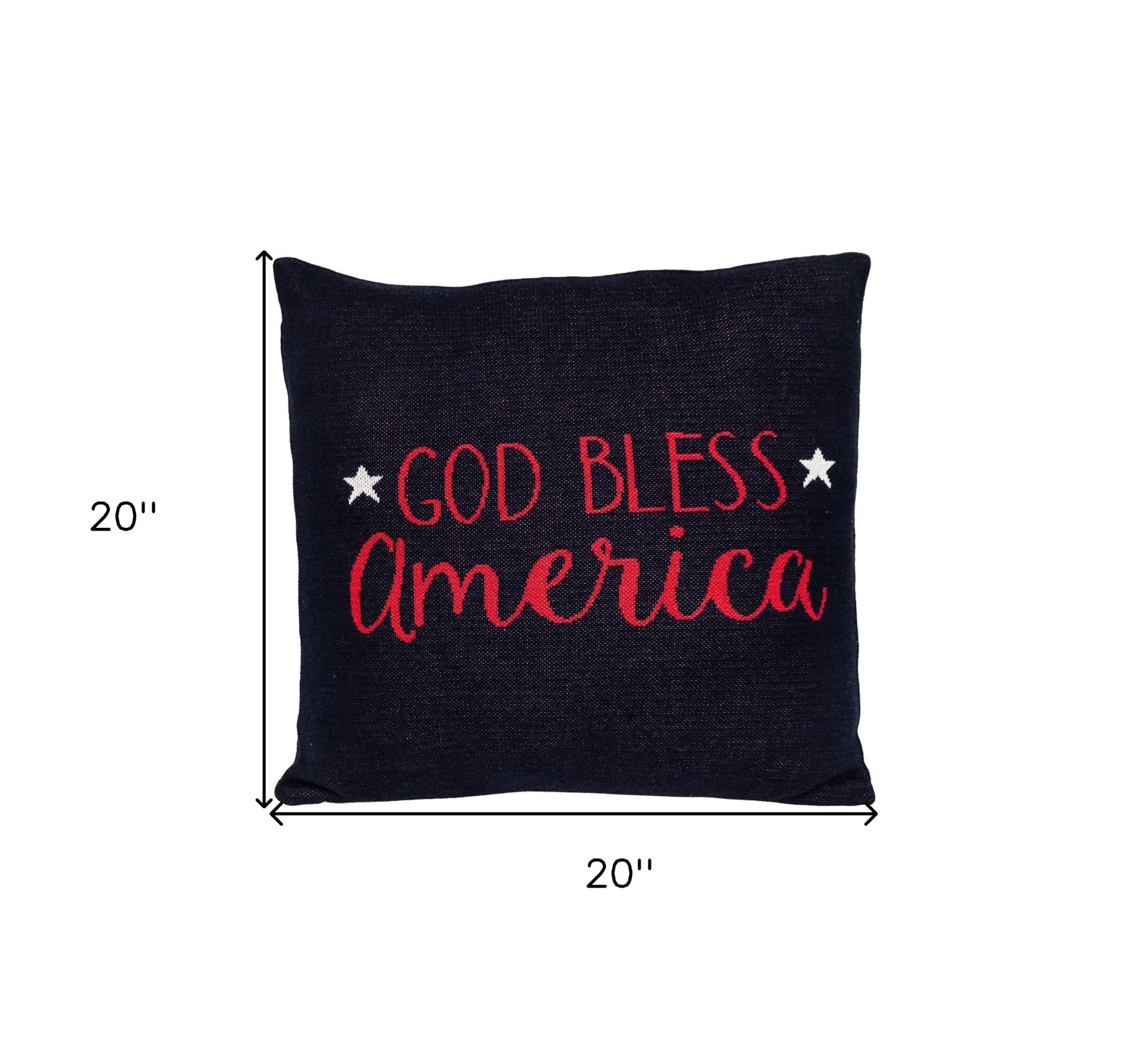 Black pillow with 'God Bless America' text and measurements on a white background