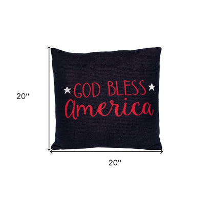 Black pillow with 'God Bless America' text and measurements on a white background