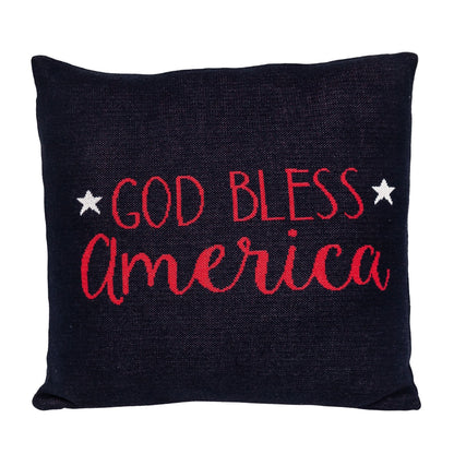 Black pillow with 'GOD BLESS AMERICA' in red text on a white background