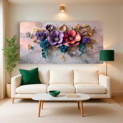 Living room with a floral painting above a beige sofa, green lamp, and coffee table.