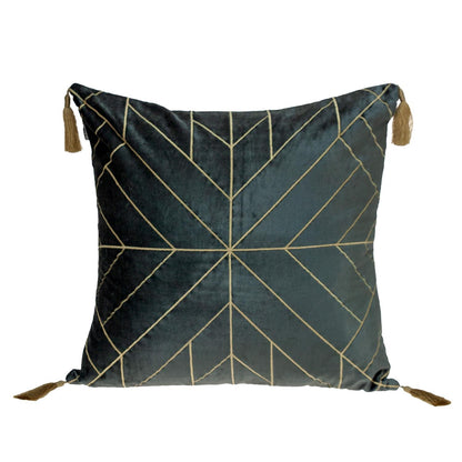Decorative pillow with geometric pattern and tassels on a white background