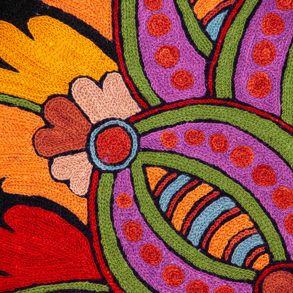 Close-up of a colorful embroidered design with floral patterns and polka dots.