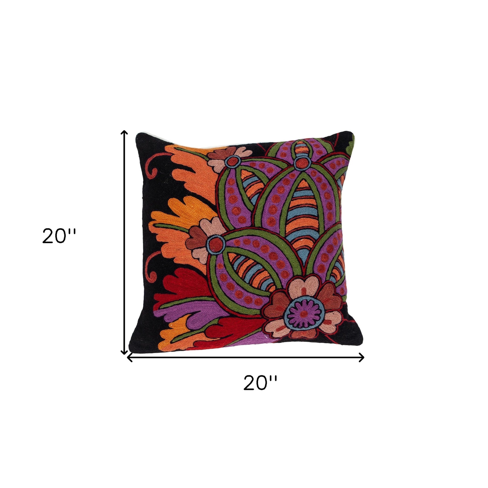 Decorative pillow with colorful patterns and measurements on a white background