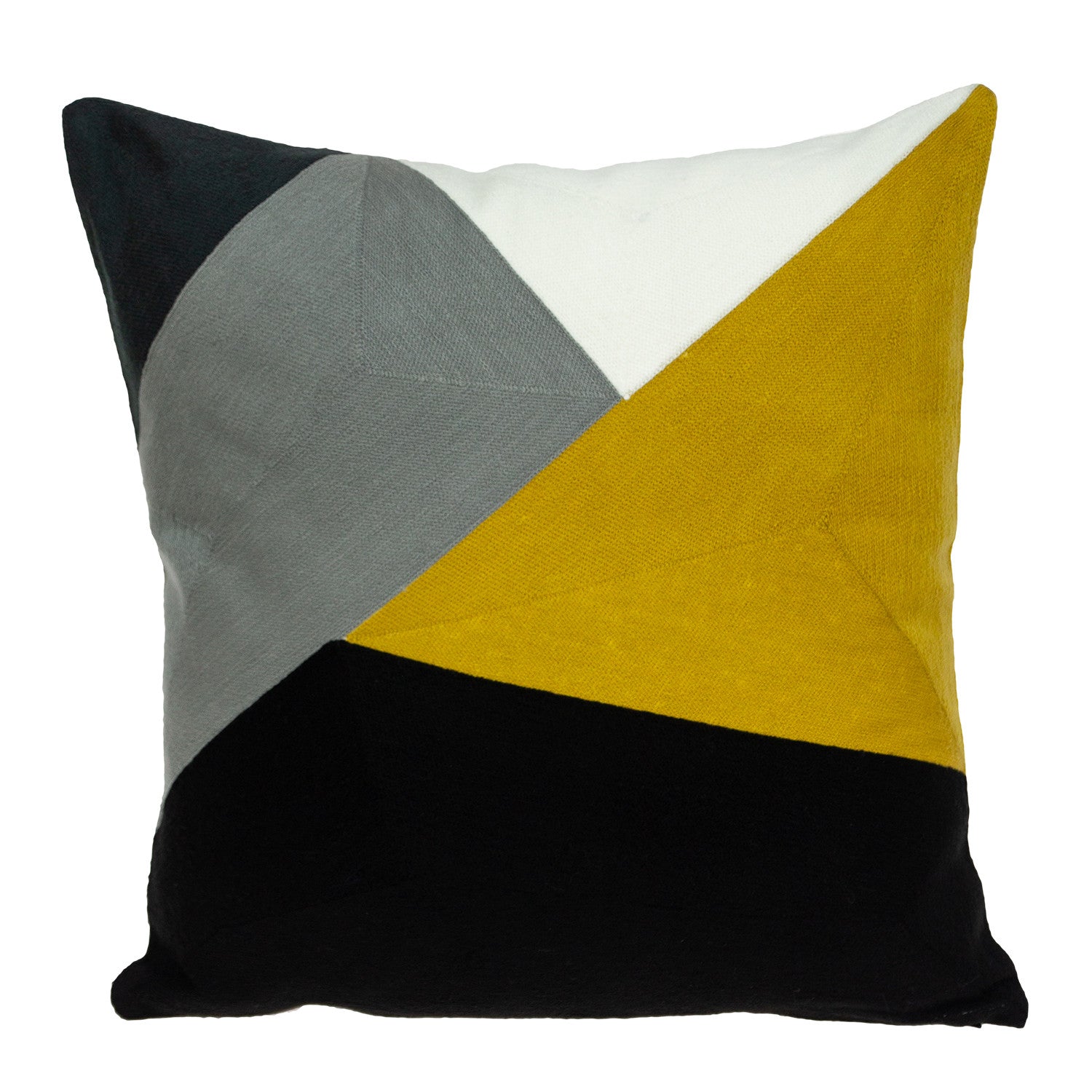 Geometrically patterned pillow with black, gray, white, and mustard yellow colors on a white background.