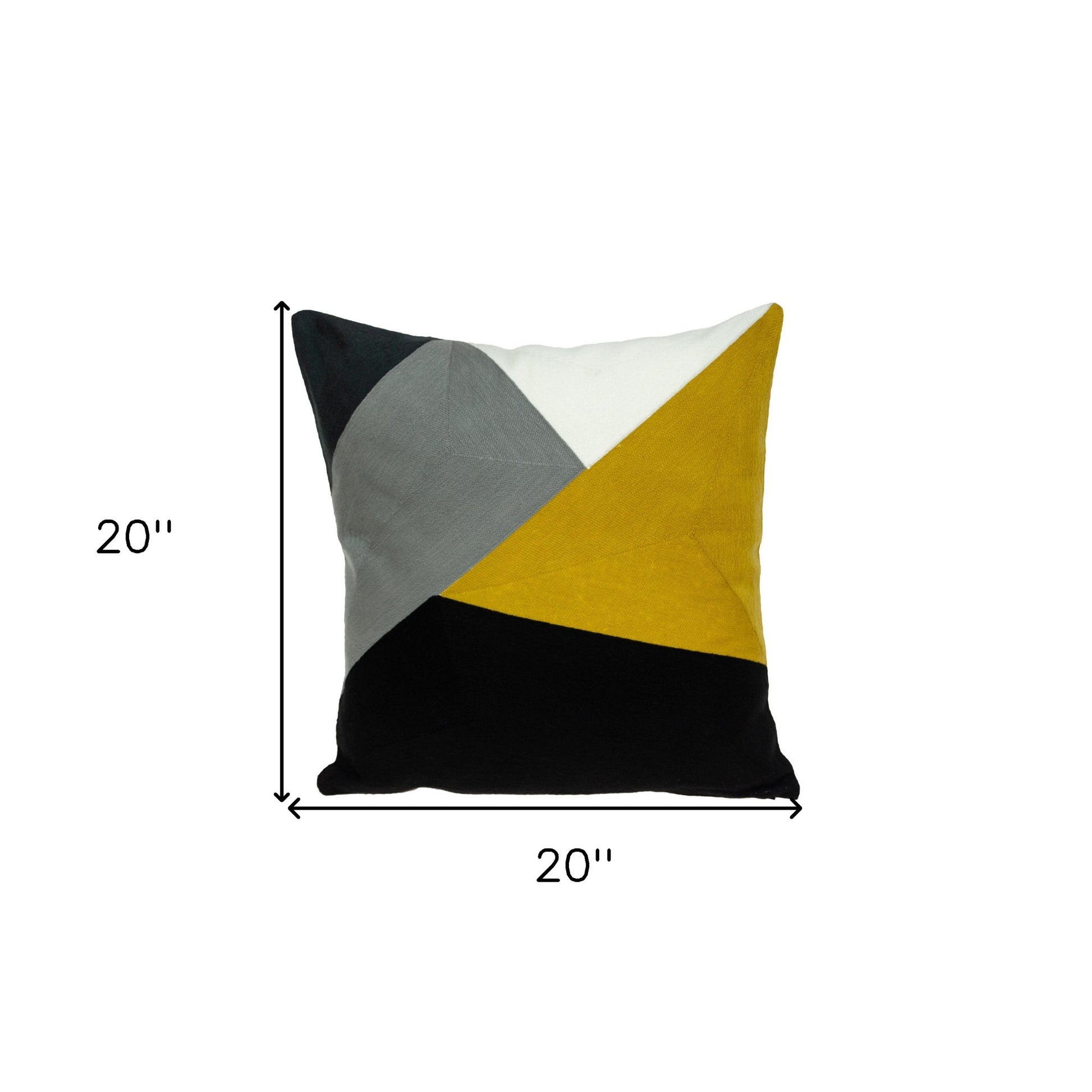 Color-blocked pillow with geometric design and measurements on a white background