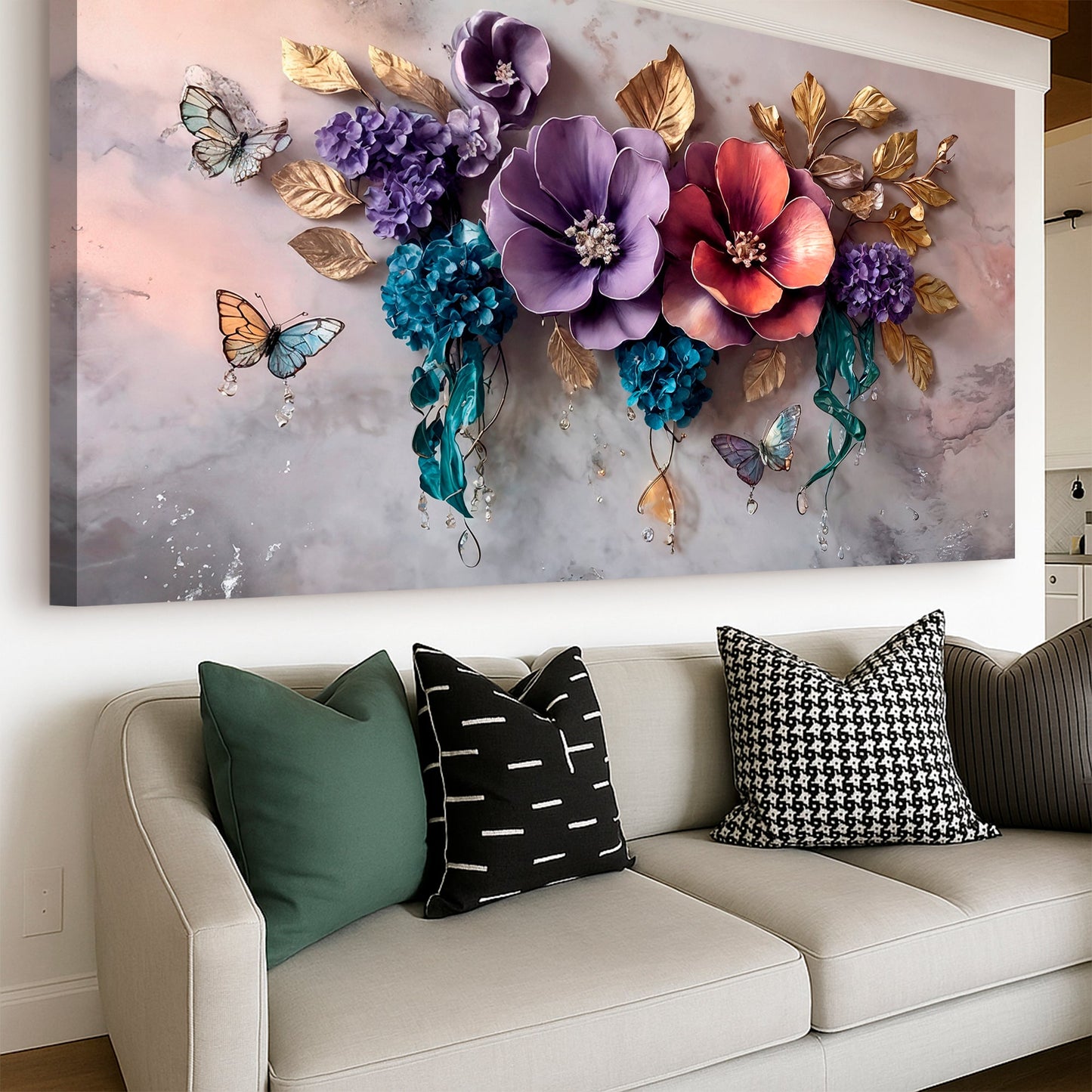 Decorative wall art with flowers and butterflies above a sofa with patterned cushions.