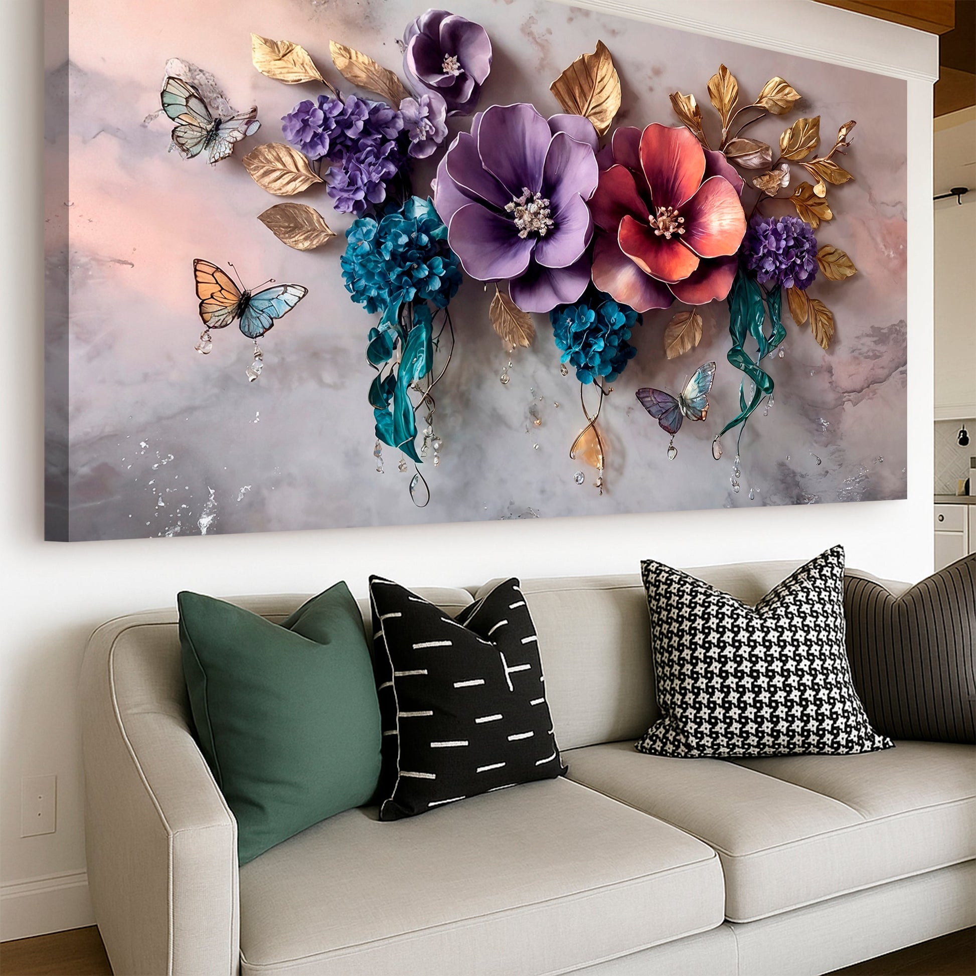 Decorative wall art with flowers and butterflies above a sofa with patterned cushions.