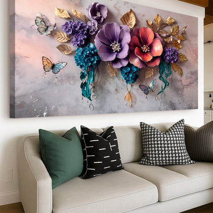 Decorative wall art with flowers and butterflies above a sofa with patterned cushions.