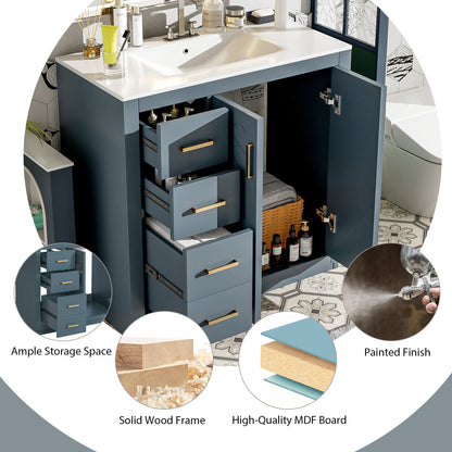 Bathroom vanity with open drawers, showing storage space and painted finish.