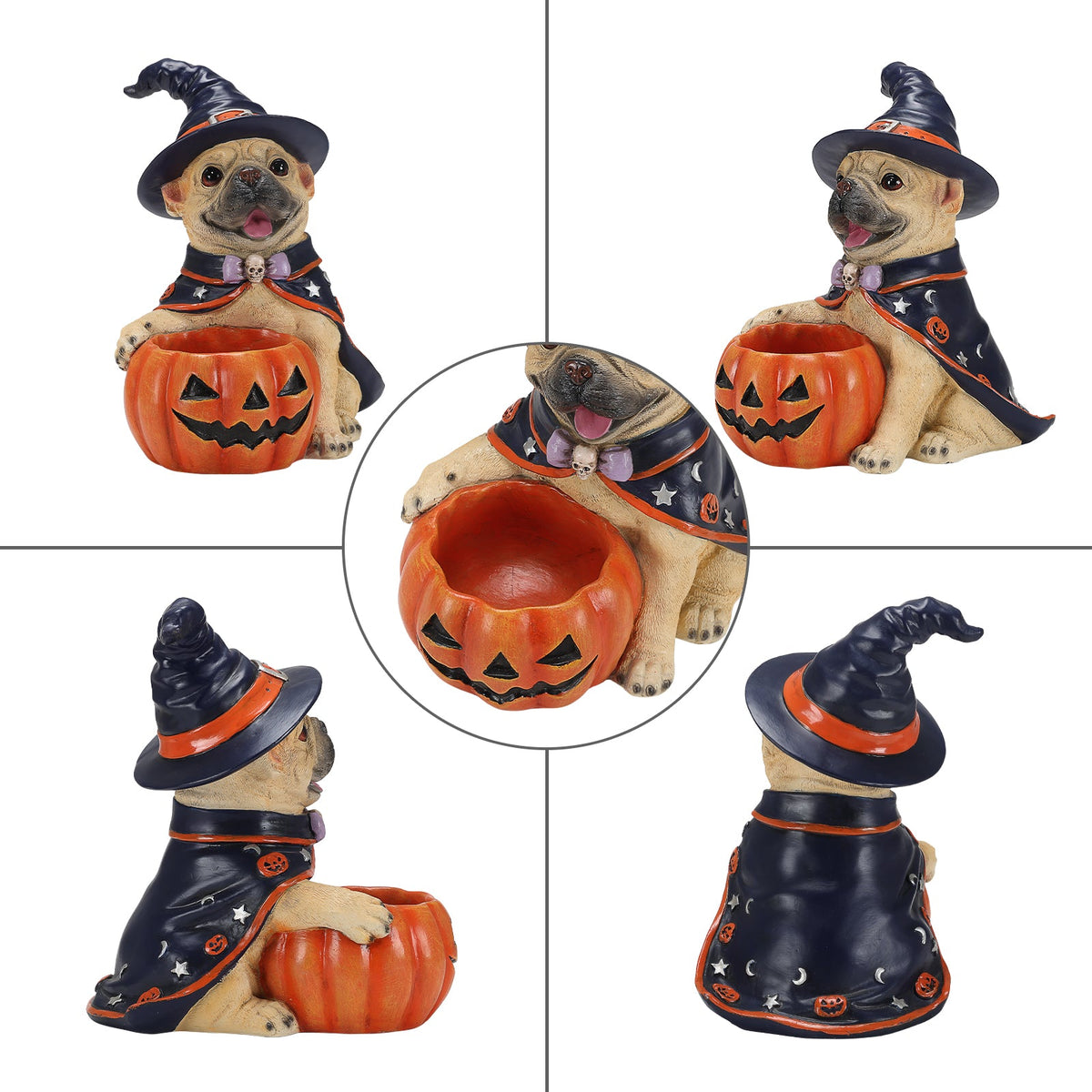 Four-view product collage of a Halloween dog figurine: a small pug dressed as a witch sitting on a jack-o'-lantern bowl. The views show the front, back, and top-down angle, with a circular inset focusing on the bowl opening.