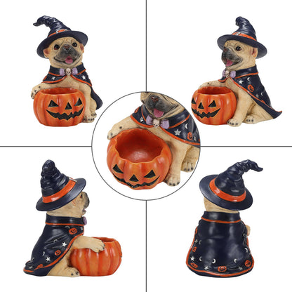 Four-view product collage of a Halloween dog figurine: a small pug dressed as a witch sitting on a jack-o'-lantern bowl. The views show the front, back, and top-down angle, with a circular inset focusing on the bowl opening.