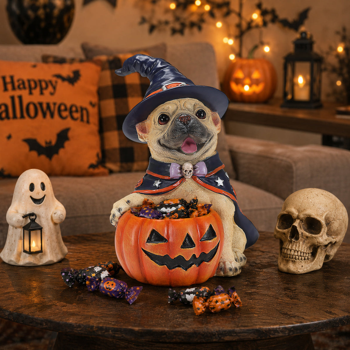 A Halloween-themed decorative figurine of a pug dressed as a witch, sitting behind a carved jack-o'-lantern bucket filled with candy. The scene is styled on a wooden table with a ghost lantern, a skull, and candy, set against a cozy living room background with 'Happy Halloween' pillows and string lights.