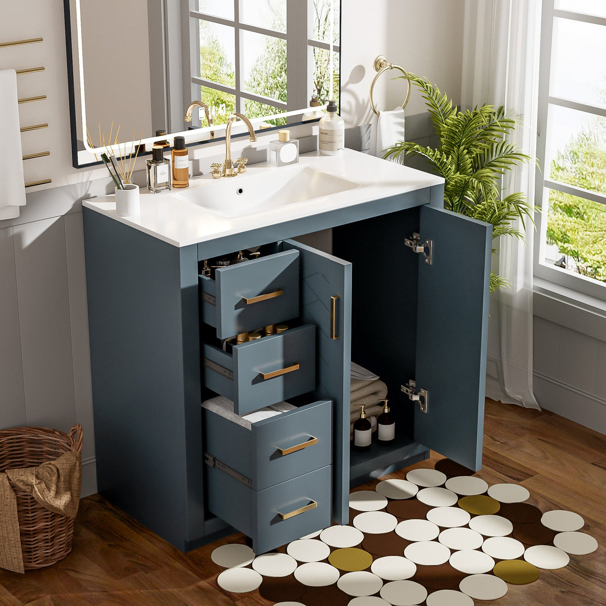 Bathroom vanity with open cabinet doors, sink, and decor elements.