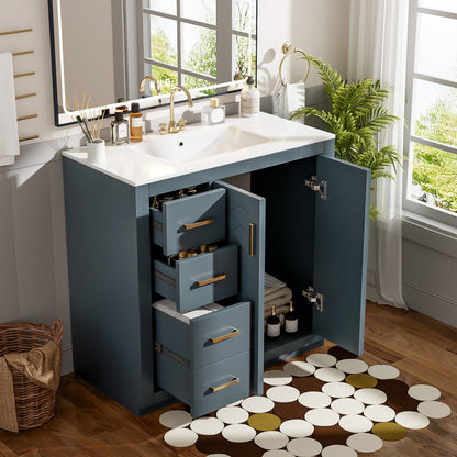 Bathroom vanity with open cabinet doors, sink, and decor elements.