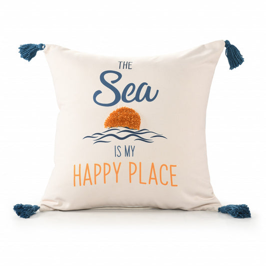 Decorative pillow with 'The Sea is My Happy Place' text and ocean wave design on a white background