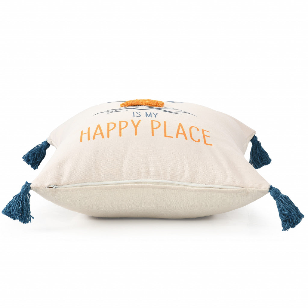 Decorative pillow with 'My Happy Place' text on a white background