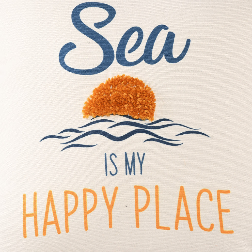 Text 'Sea is my happy place' with a sun and waves on a beige background