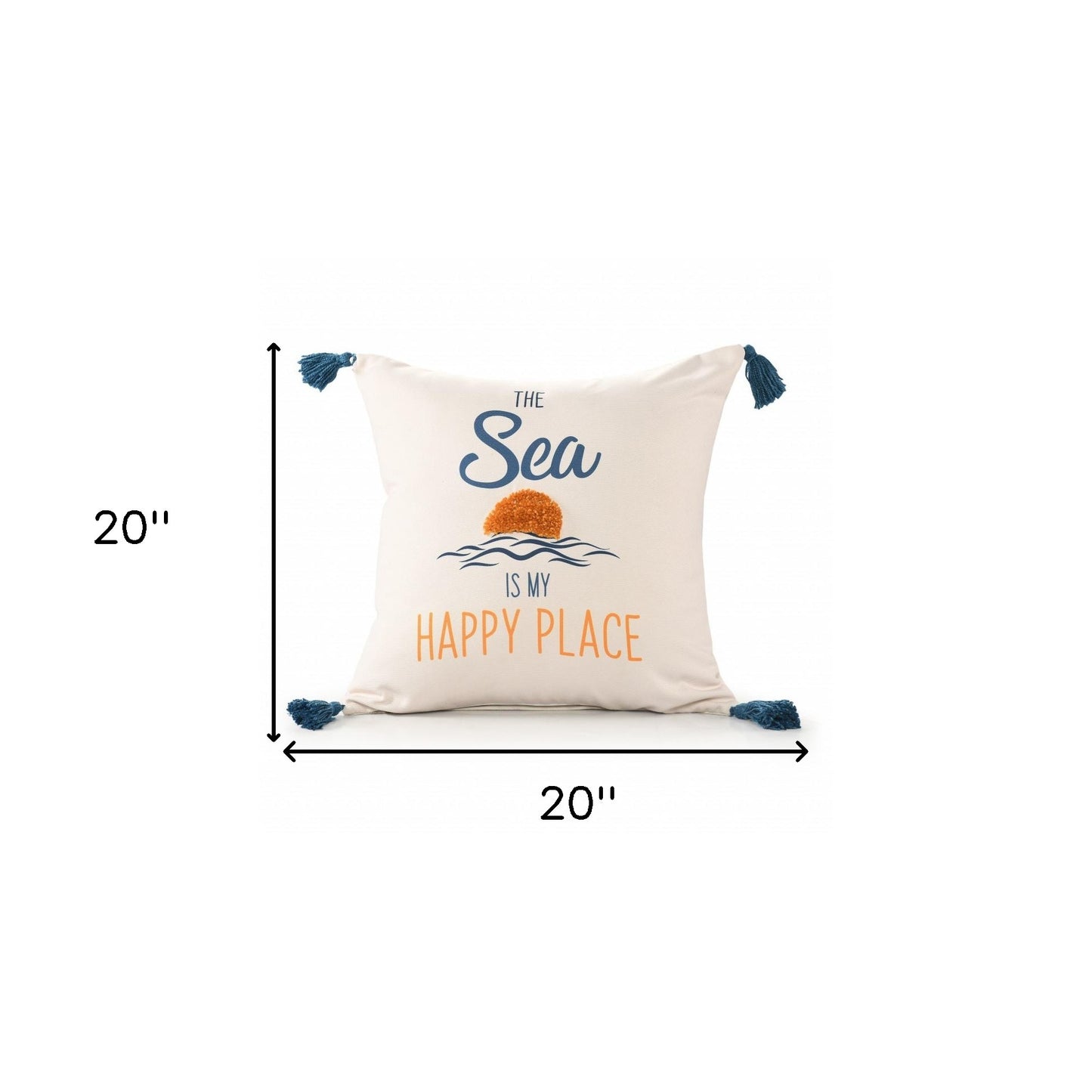 20" White Navy Blue And Yellow Fabric The sea is my happy place Text Throw Pillow with Tassels