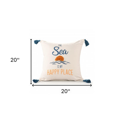 20" White Navy Blue And Yellow Fabric The sea is my happy place Text Throw Pillow with Tassels